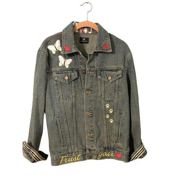 Jean Jacket Womens Small Blue Denim Medium Wash Button Front Custom Patches - Picture 1 of 10